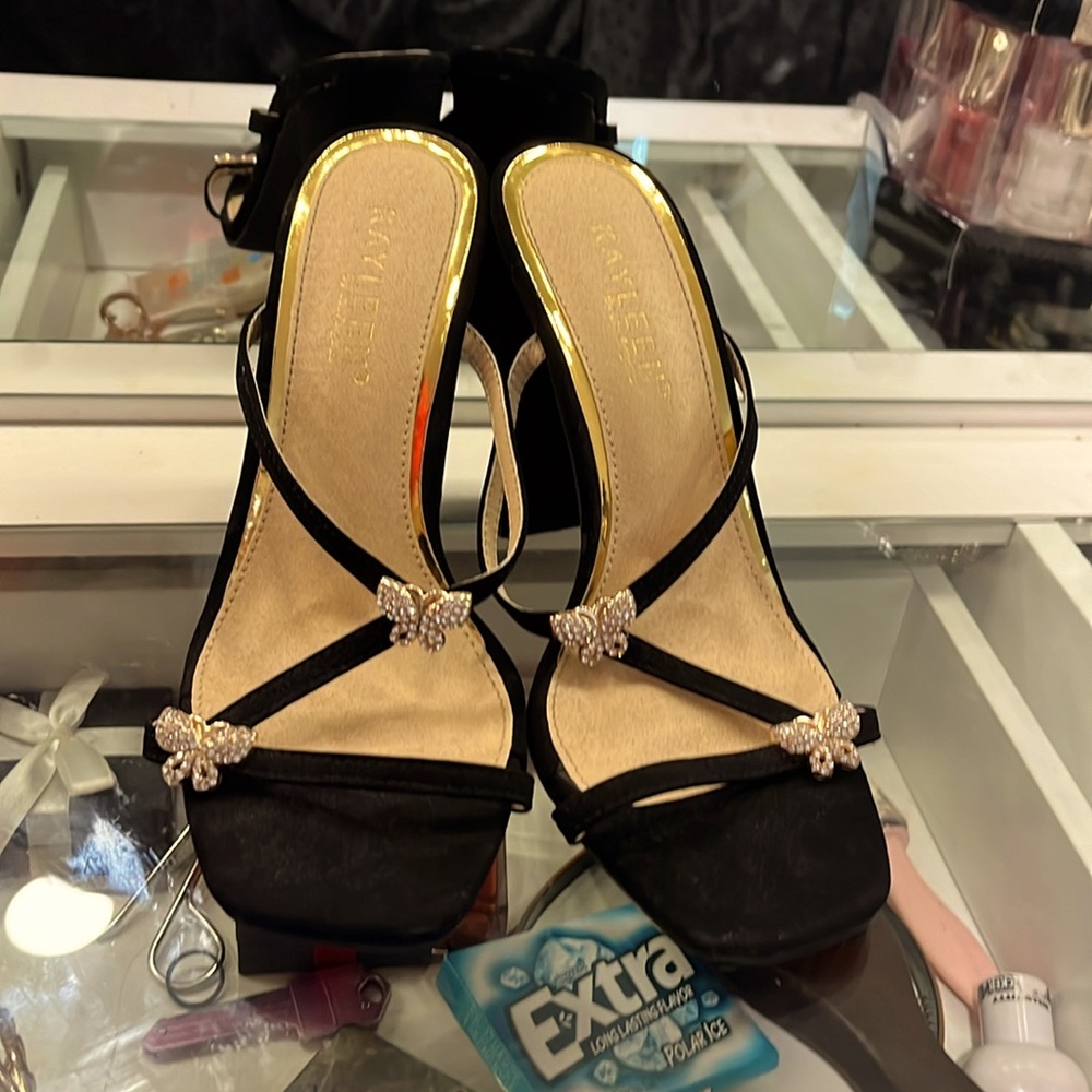 Black heeled with Silver and gold Butterfly 4 inch heels